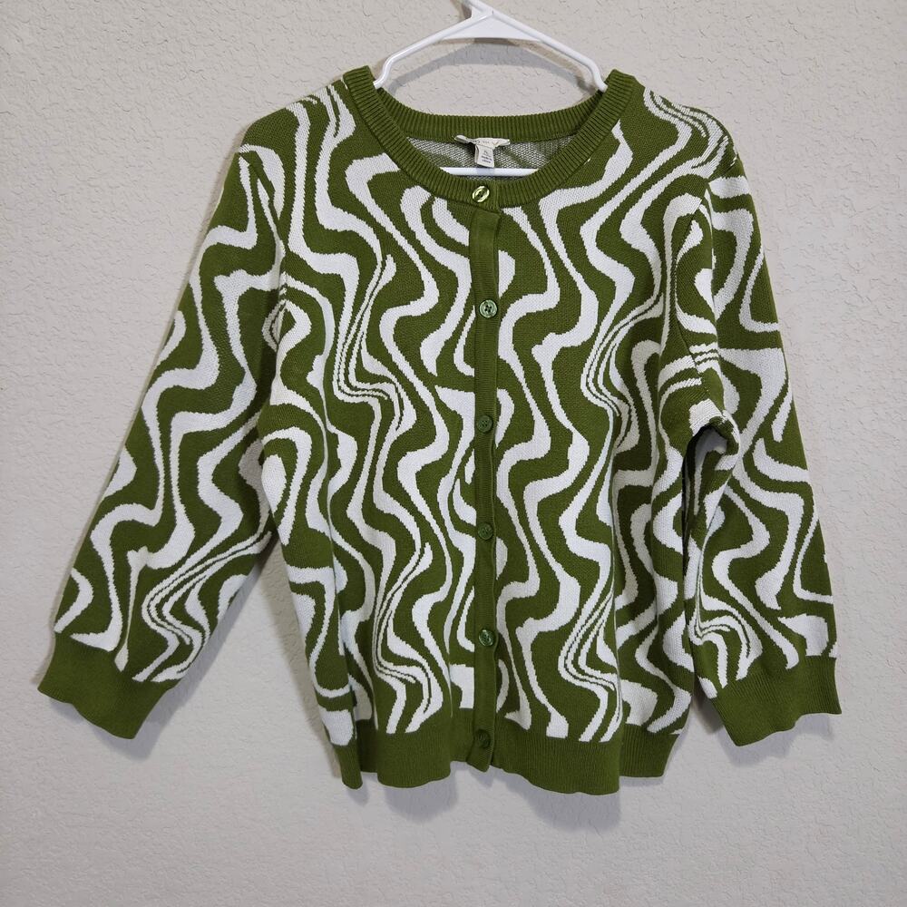 Cato Cardigan Sweater Womens XL Green White Swirl Button Front Casual Layering